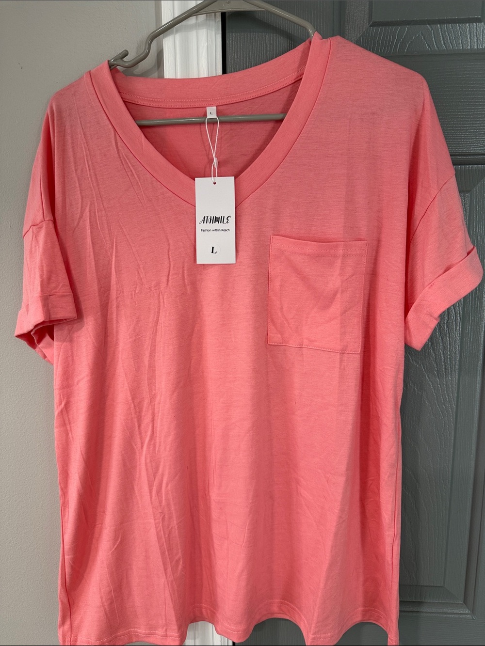 Coral Pink V-Neck Pocket Tee - Women